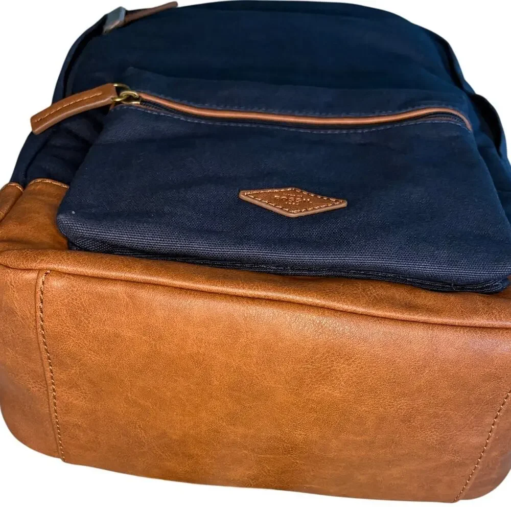 NWT Fossil Estate Navy Blue Canvas Brown Leather Classic Vintage Retro Backpack